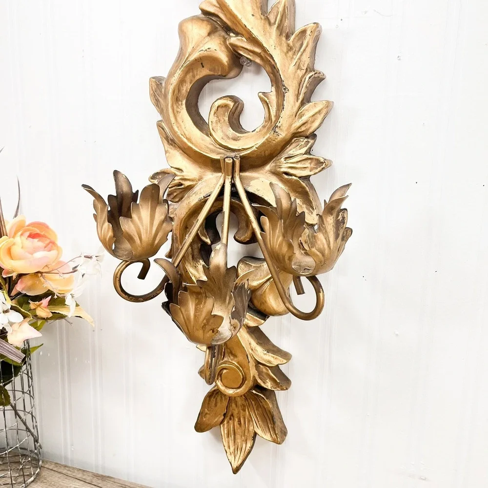 Vintage Gold Italian Wall Sconce: 3‎ Arm Acanthus Leaf Candle Holder